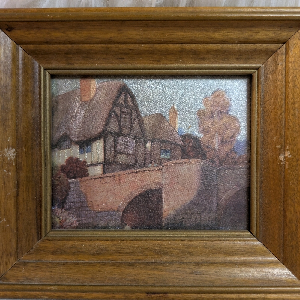 VINTAGE Handcraft Foil Art Lithograph Frame Print European countryside